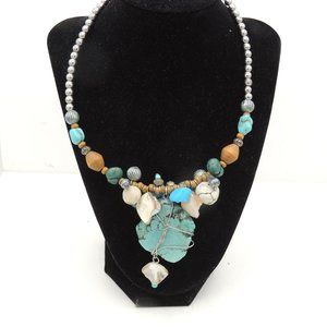 Boho Turquoise Pendent Wire Choker Beaded Adjustable